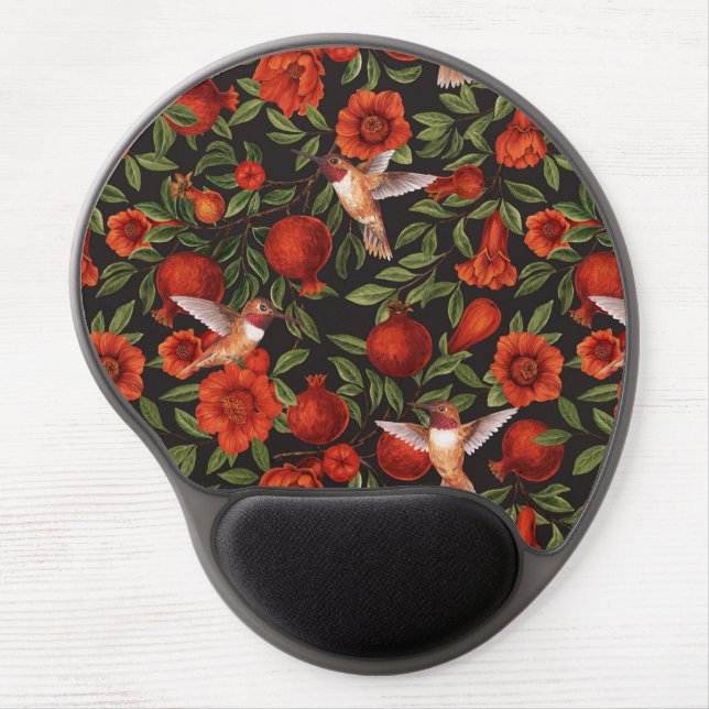 Pomegranates and hummingbirds/green leaves on blac gel mouse pad (Front)