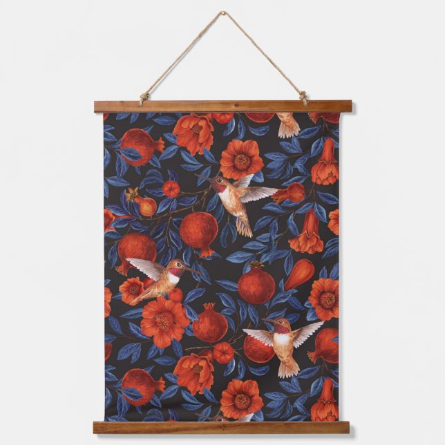 Pomegranates and hummingbirds/green leaves on blac hanging tapestry (Front)