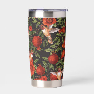 Pomegranates and hummingbirds/green leaves on blac insulated tumbler