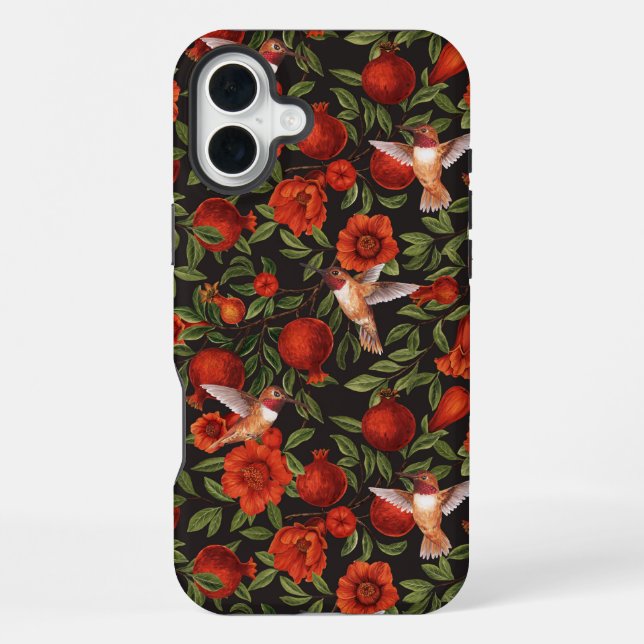 Pomegranates and hummingbirds/green leaves on blac iPhone case (Back)
