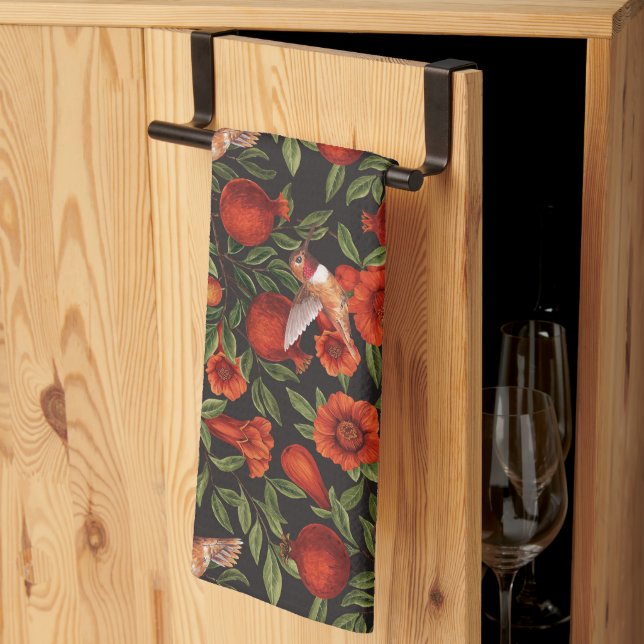 Pomegranates and hummingbirds/green leaves on blac kitchen towel (Thirds Fold)