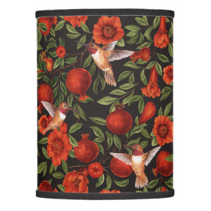 Pomegranates and hummingbirds/green leaves on blac lamp shade