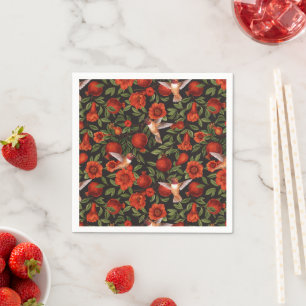 Pomegranates and hummingbirds/green leaves on blac napkins