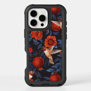 Pomegranates and hummingbirds/green leaves on blac iPhone 16 pro max case