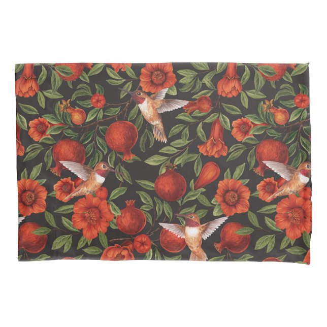 Pomegranates and hummingbirds/green leaves on blac pillow case (Front-Left)