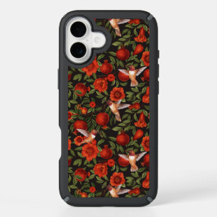 Pomegranates and hummingbirds/green leaves on blac iPhone 16 plus case