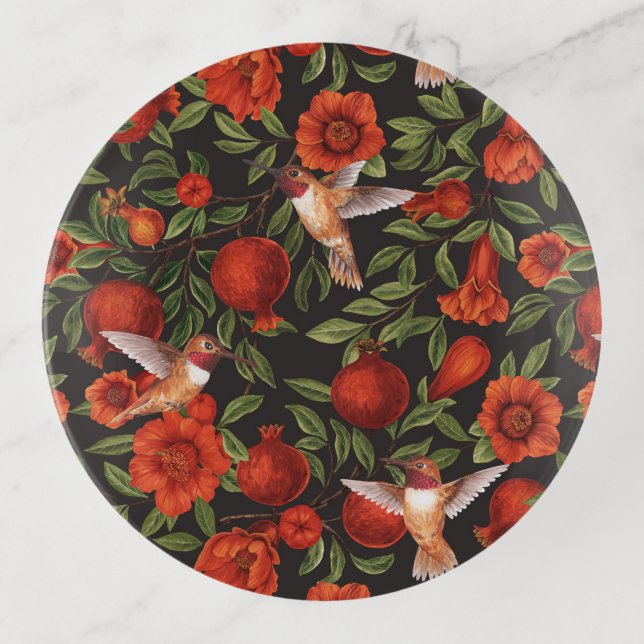 Pomegranates and hummingbirds/green leaves on blac trinket tray (Front)