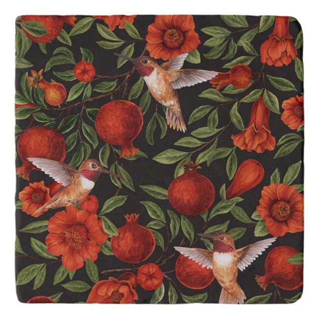 Pomegranates and hummingbirds/green leaves on blac trivet (Front)