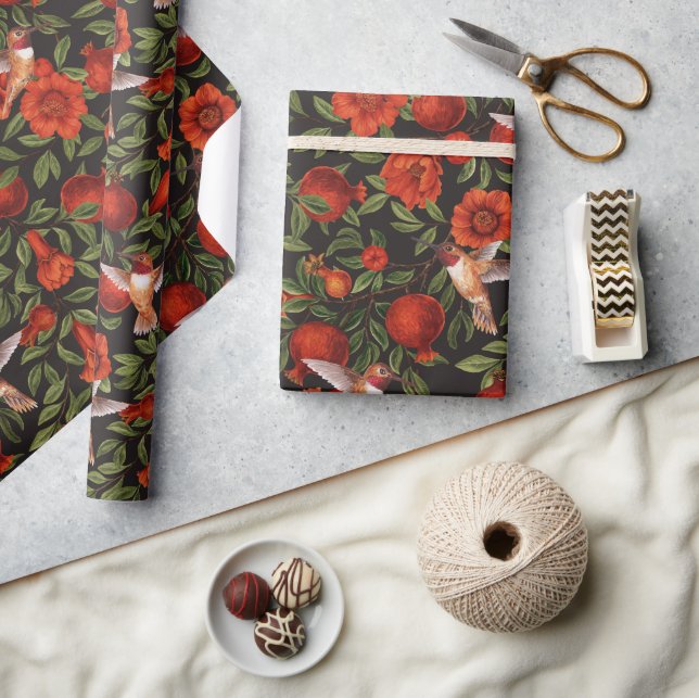 Pomegranates and hummingbirds/green leaves on blac wrapping paper (Crafts)