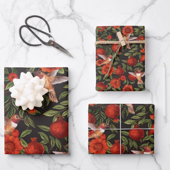 Pomegranates and hummingbirds/green leaves on blac wrapping paper sheets (Front)