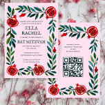 Pomegranates Custom B'nai Bat Bar Mitzvah QR Code Invitation<br><div class="desc">Perfect card to announce a bar mitzvah, bat mitzvah or other Jewish celebration! Hand made art for you! FULLY CUSTOMIZABLE! Click on “Personalize” above to edit the text and add your link to the QR code. Click "edit using design tool" to adjust the fonts, colors and placements and to delete...</div>