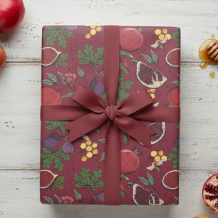 Pomegranates, Figs and Honey Bees Burgundy Wrapping Paper