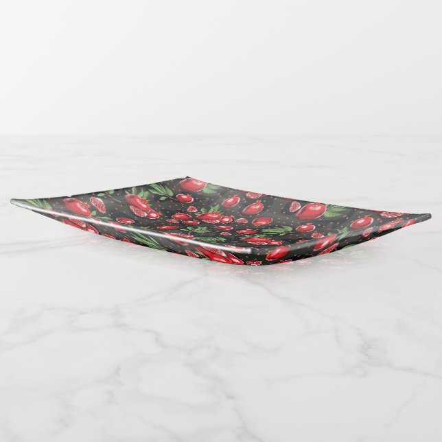 Pomegranates on Black Jewish Rosh Hashanah Platter Trinket Tray (Angled)