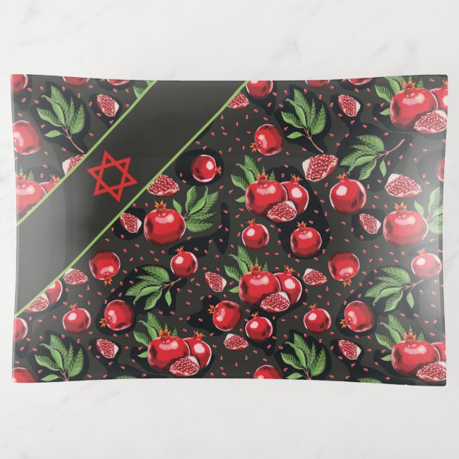 Pomegranates on Black Jewish Rosh Hashanah Platter Trinket Tray (Front)