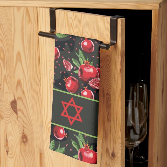 Pomegranates on Black Jewish Rosh Hashanah Star Kitchen Towel (Thirds Fold)