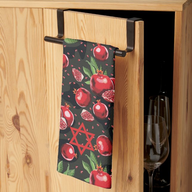Pomegranates on Black Jewish Rosh Hashanah Star Kitchen Towel (Thirds Fold)