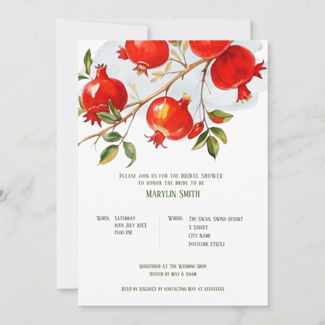 Pomegranates watercolor theme Bright colors Invitation (Front)