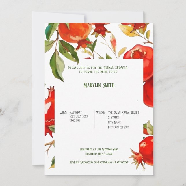 Pomegranates watercolor theme Bright colors Invitation (Front)