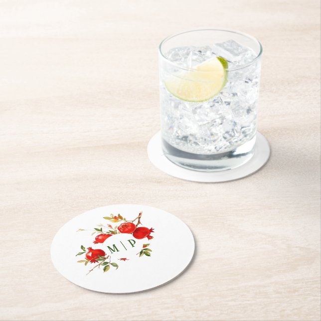 Pomegranates watercolor theme Bright colors Round Paper Coaster (Insitu)