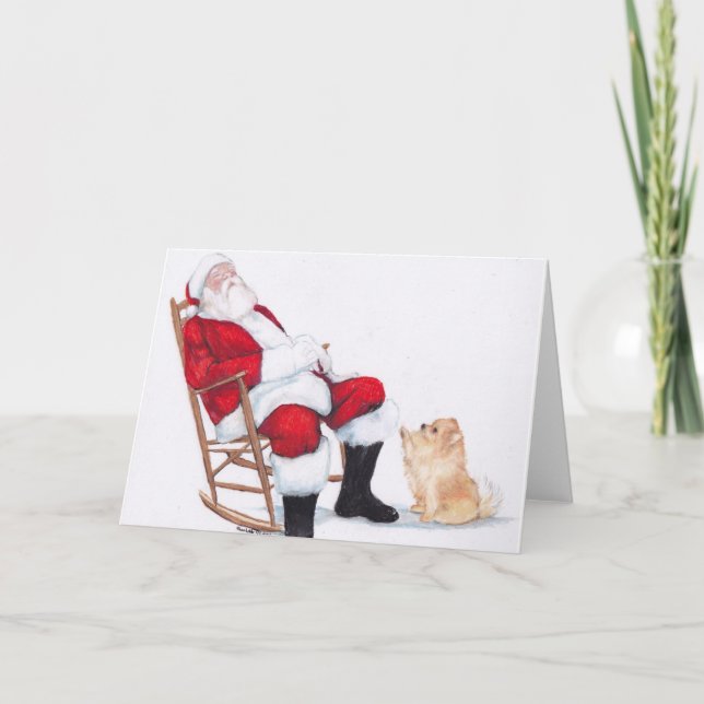 Pomeranian and Santa Claus Dog Art Christmas Card (Front)