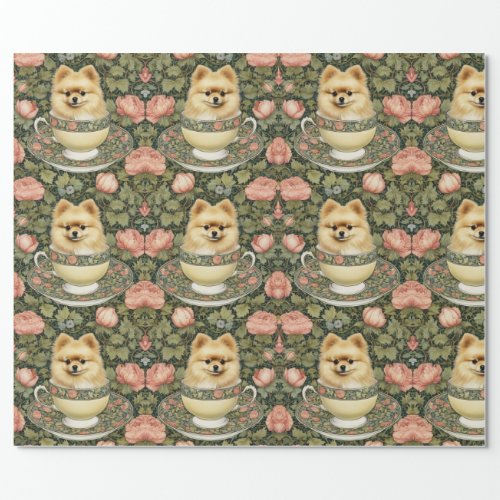 Pomeranian and Tea Cups Wrapping Paper