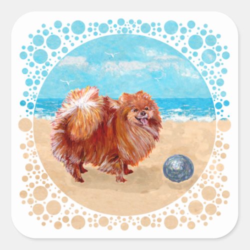 Pomeranian at the Seashore Square Sticker