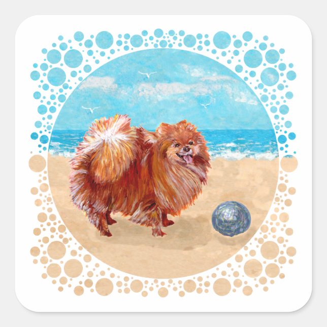 Pomeranian at the Seashore Square Sticker (Front)