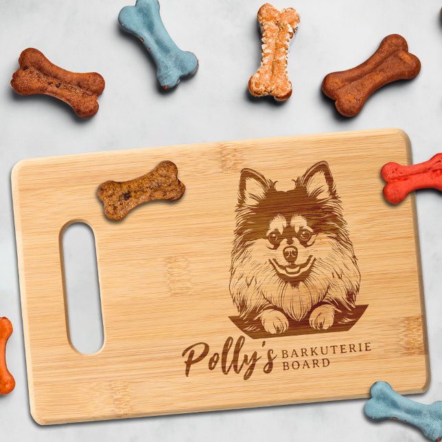 Pomeranian Barkuterie Dog Treat Wood Engraved Cutting Board (Pomeranian Dog Cutting Board Barkuterie Personalized with Dog's Name, Gift for Dog Mom, Dad, Owner)