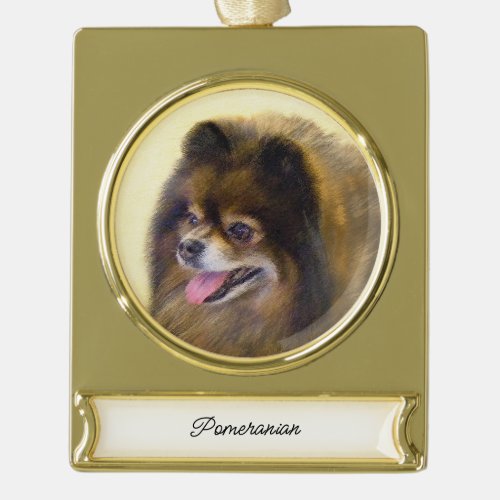 Pomeranian Black and Tan Painting Original Dog Art Gold Plated Banner Ornament