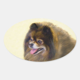 Pomeranian Black and Tan Painting Original Dog Art Oval Sticker
