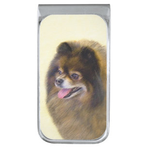 Pomeranian Black and Tan Painting Original Dog Art Silver Finish Money Clip