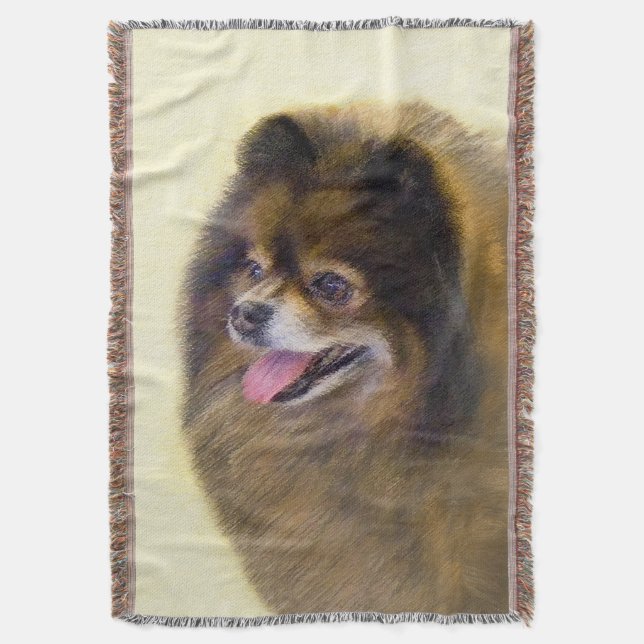Pomeranian Black and Tan Painting Original Dog Art Throw Blanket (Front Vertical)