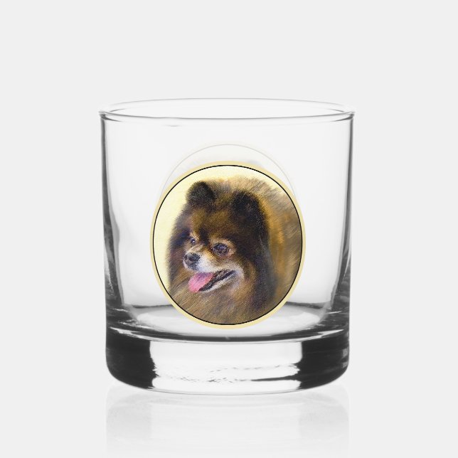 Pomeranian Black and Tan Painting Original Dog Art Whiskey Glass (Front)