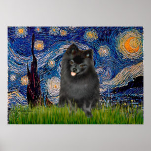 Pomeranian (black) - Starry Night Poster