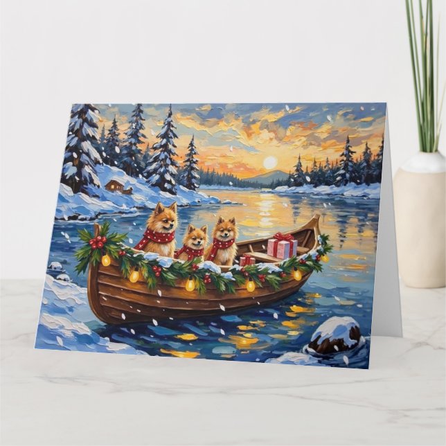 Pomeranian Christmas Boat Holiday Card (Front)