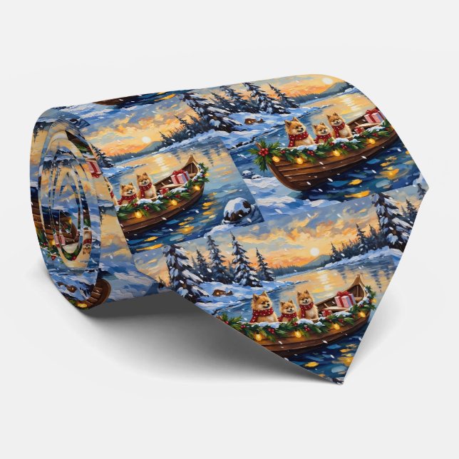 Pomeranian Christmas Boat Holiday Neck Tie (Rolled)