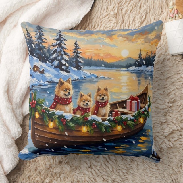 Pomeranian Christmas Boat Holiday Throw Pillow (Blanket)