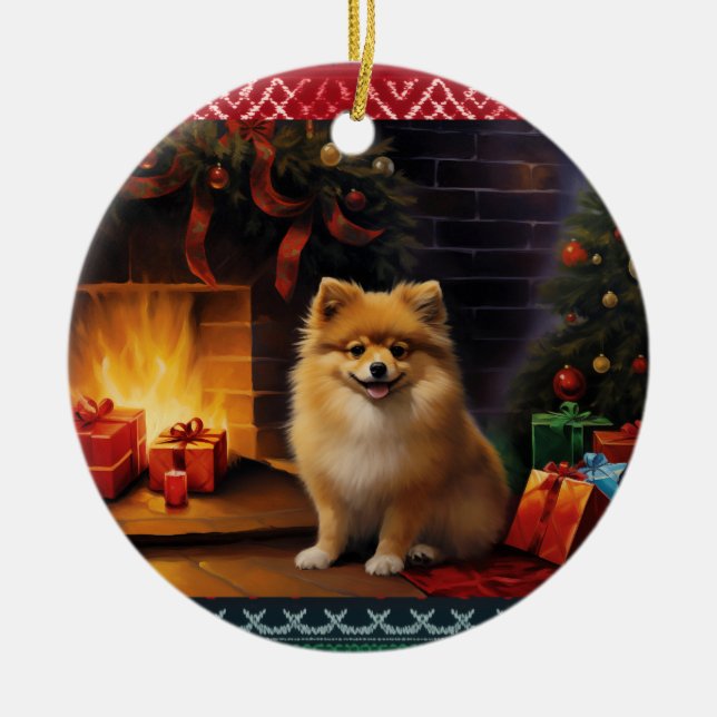 Pomeranian Christmas Ceramic Ornament (Front)