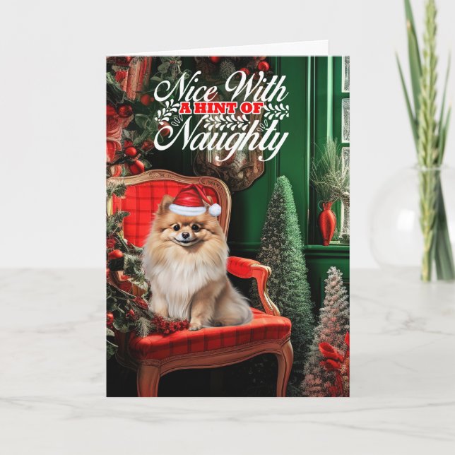 Pomeranian Christmas Dog Naughty or Nice Holiday Card (Front)