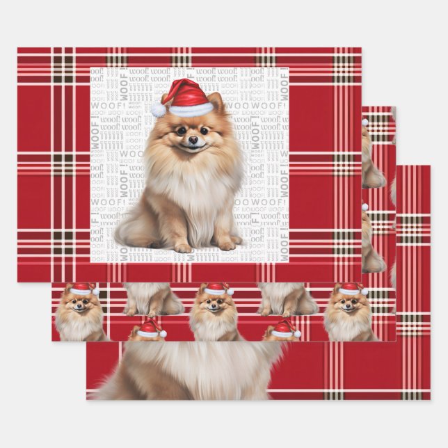 Pomeranian Christmas Dog Red White Plaid Wrapping Paper Sheets (Set)
