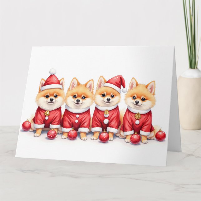 Pomeranian Christmas Dress Santa Hat Card (Front)