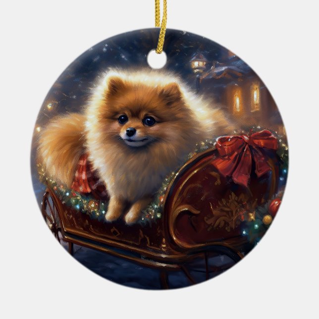 Pomeranian Christmas Festive Season Brushed  Ceramic Ornament (Front)