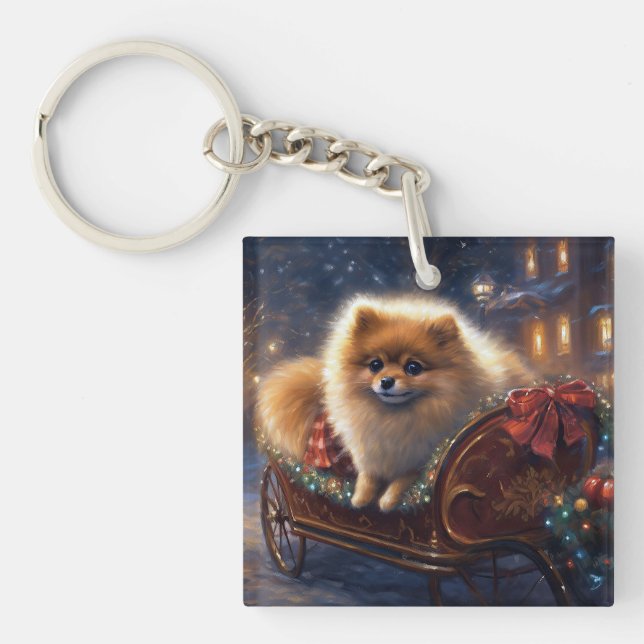 Pomeranian Christmas Festive Season Brushed  Keychain (Front)