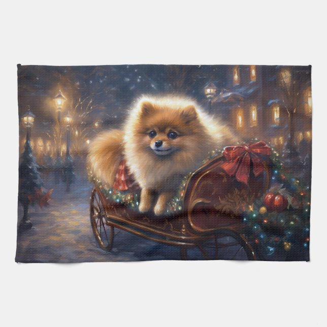 Pomeranian Christmas Festive Season Brushed  Kitchen Towel (Horizontal)