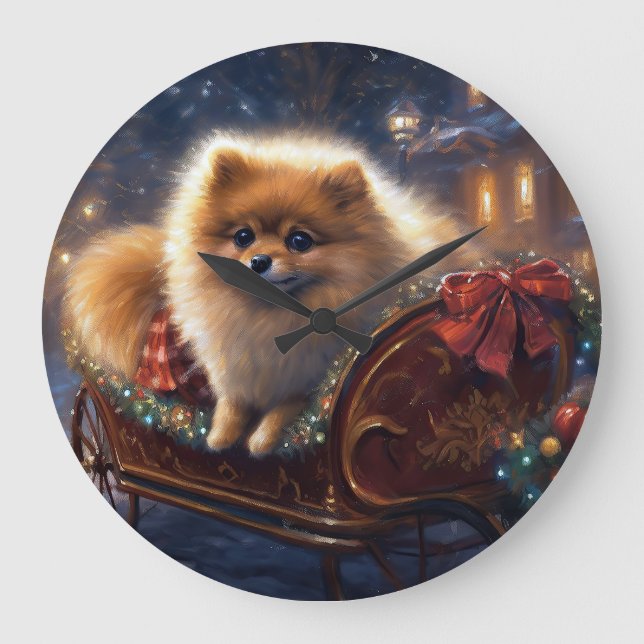Pomeranian Christmas Festive Season Brushed  Large Clock (Front)