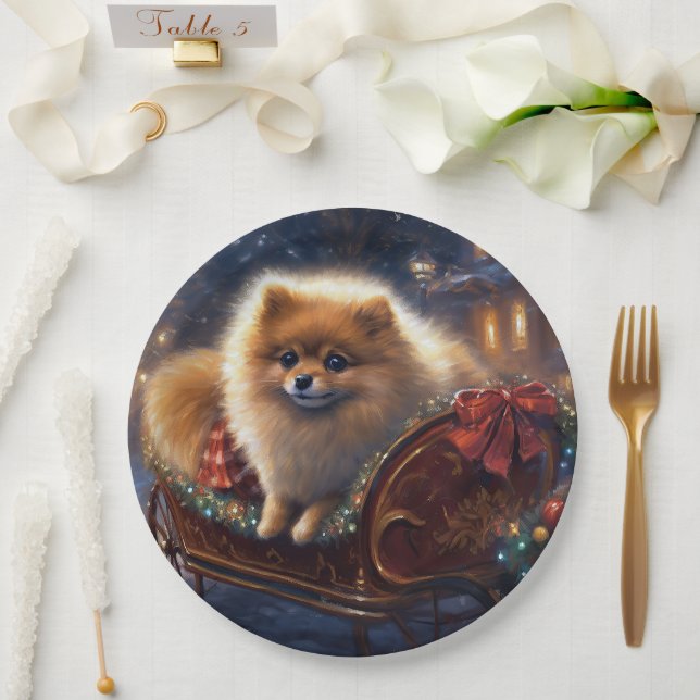 Pomeranian Christmas Festive Season Brushed  Paper Plates (Wedding)