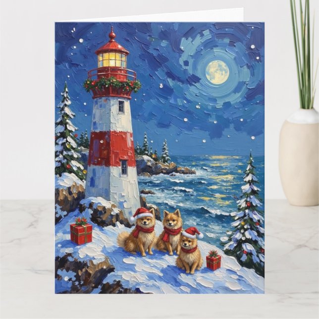 Pomeranian Christmas Lighthouse Holiday Card (Front)