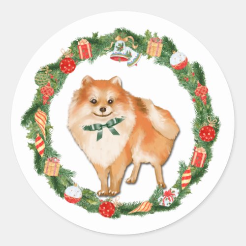 Pomeranian Christmas Ornament Wreath Cla Classic Round Sticker