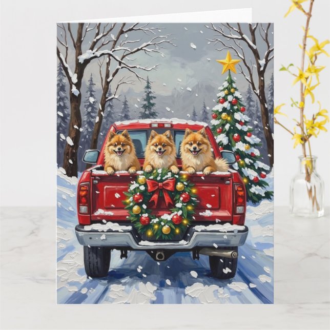 Pomeranian Christmas Red Truck Holiday Gift Card (Yellow Flower)