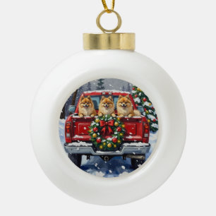 Pomeranian Christmas Red Truck Holiday Gift Ceramic Ball Christmas Ornament
